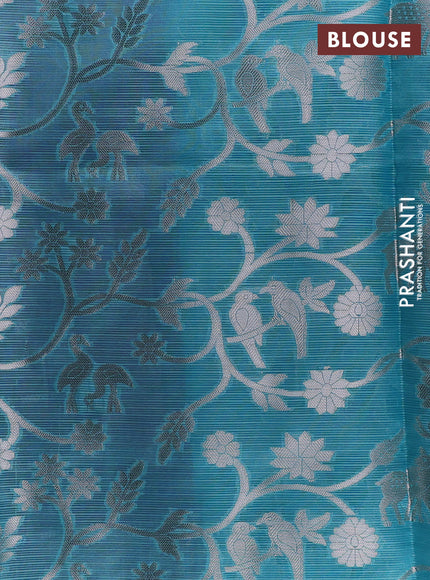 Cotton zari kota unstitched lehenga pink and light blue with allover silver zari stripes pattern and silver zari woven border