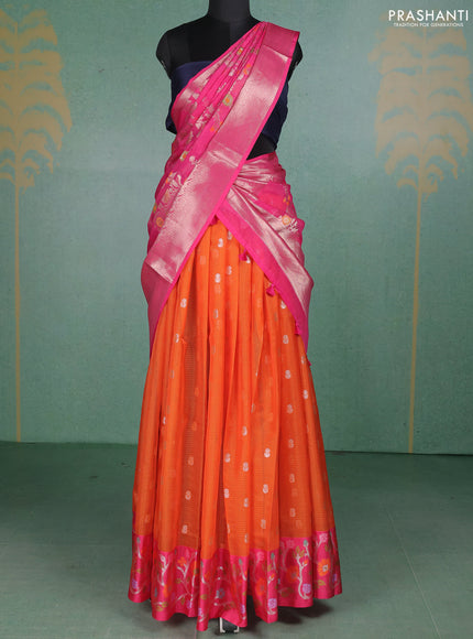 Cotton zari kota unstitched lehenga orange and pink with silver zari woven buttas and jamdhani weaving border
