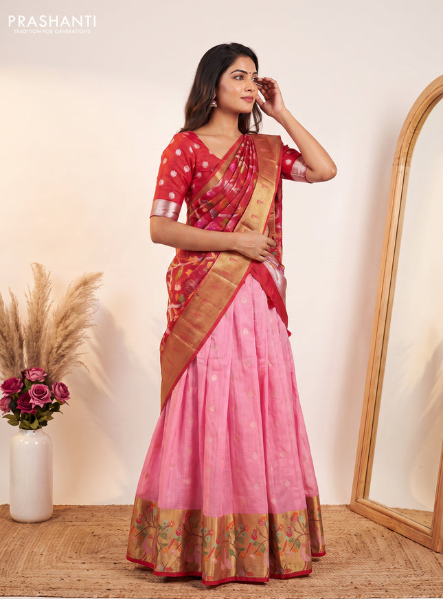 Cotton zari kota unstitched lehenga light pink and red with silver zari woven buttas and long rich silver zari woven border