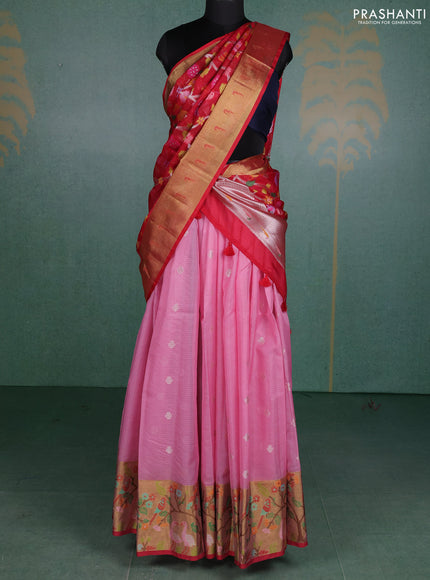 Cotton zari kota unstitched lehenga light pink and red with silver zari woven buttas and long rich silver zari woven border