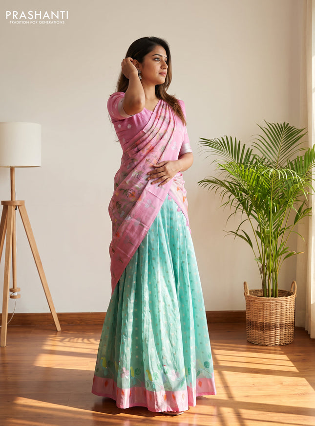 Cotton zari kota unstitched lehenga teal green and light pink with allover jamdhani weaving and simple border