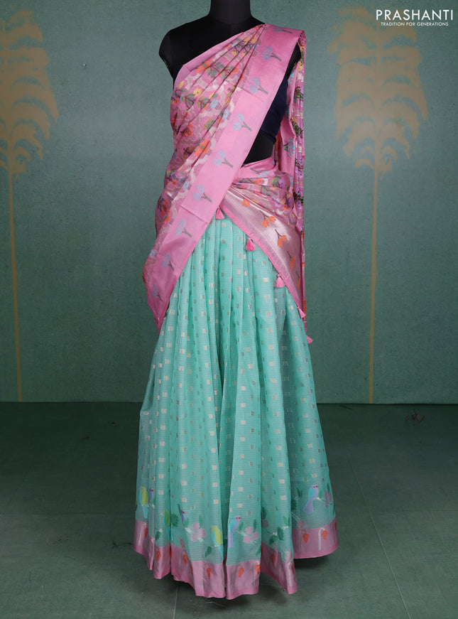 Cotton zari kota unstitched lehenga teal green and light pink with allover jamdhani weaving and simple border