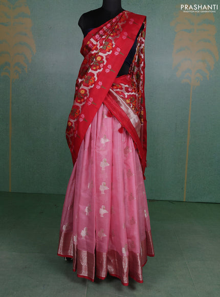 Cotton zari kota unstitched lehenga light pink and red with silver zari woven buttas and zari woven border