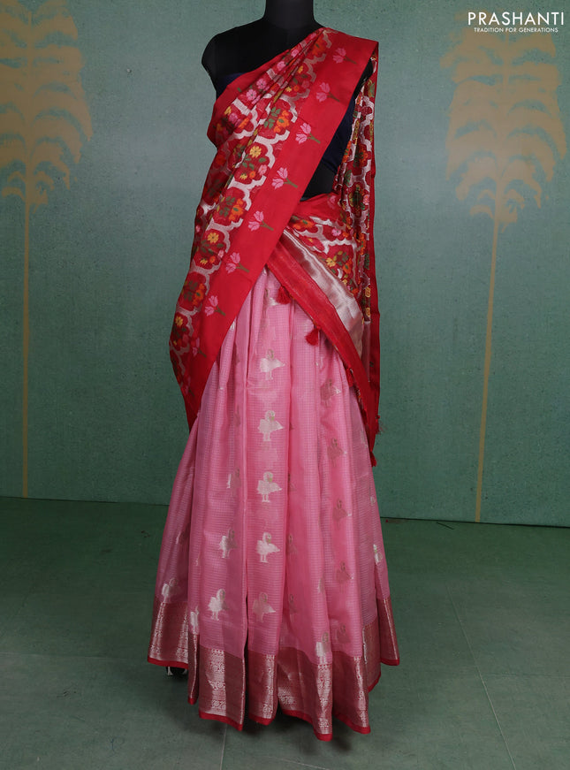 Cotton zari kota unstitched lehenga light pink and red with silver zari woven buttas and zari woven border