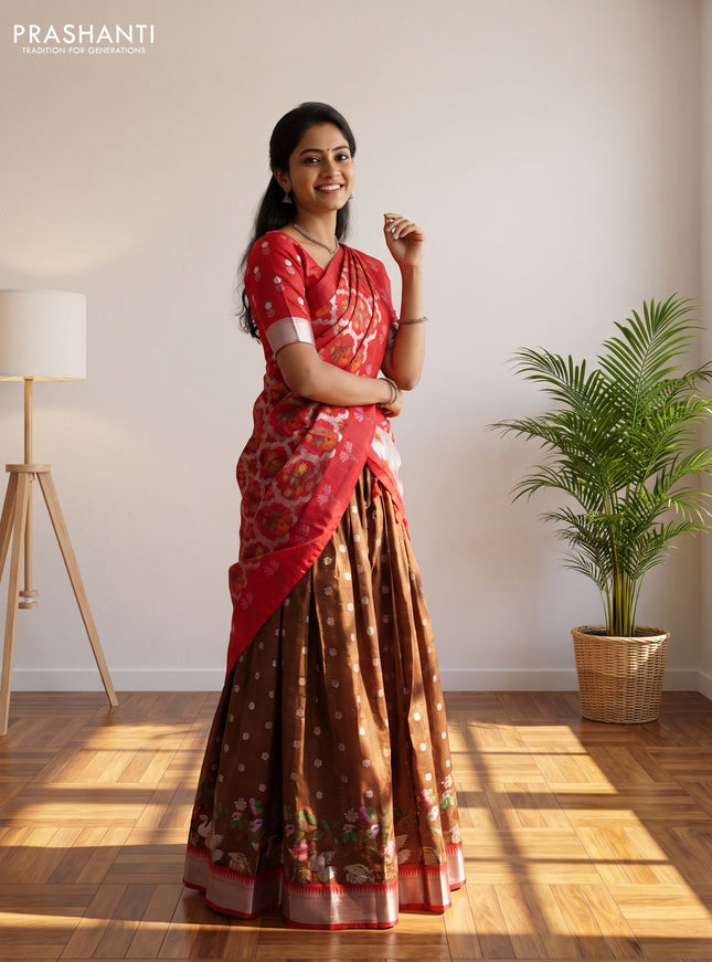 Cotton zari kota unstitched lehenga brown and red with silver zari woven buttas and zari woven border