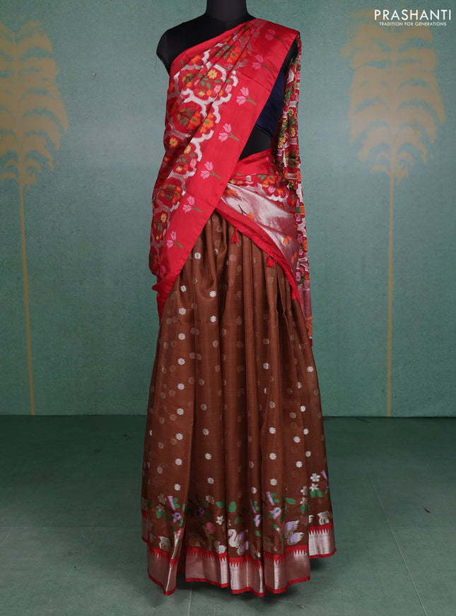 Cotton zari kota unstitched lehenga brown and red with silver zari woven buttas and zari woven border