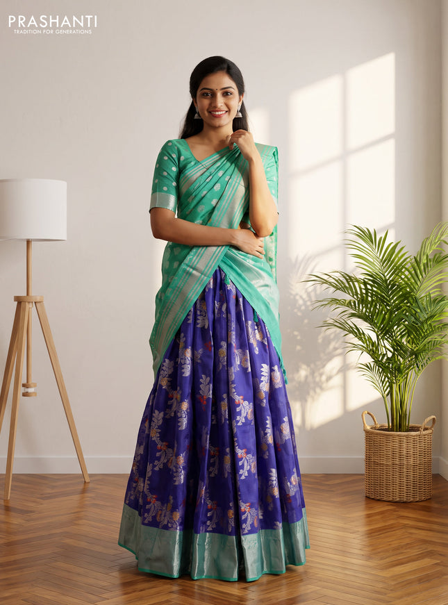 Cotton zari kota unstitched lehenga blue and teal green shade with allover zari weaves and zari woven border
