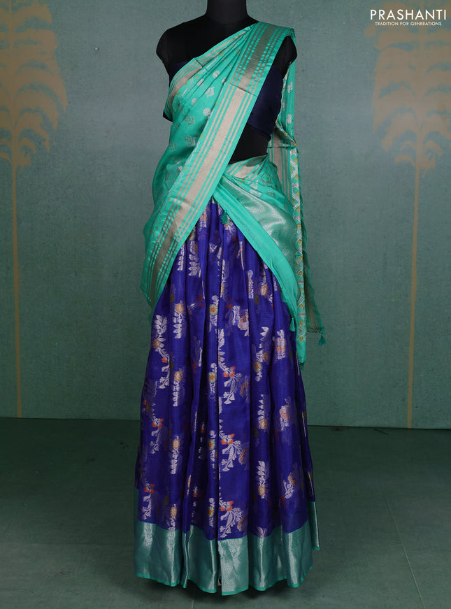 Cotton zari kota unstitched lehenga blue and teal green shade with allover zari weaves and zari woven border
