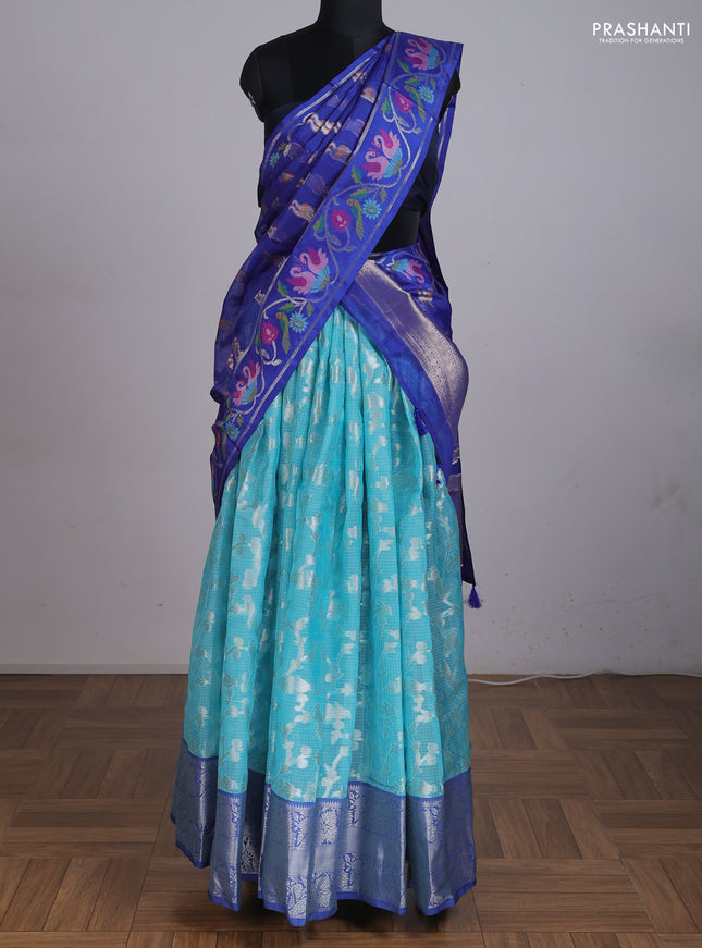 Cotton zari kota unstitched lehenga teal blue and blue with allover silver zari weaves and silver zari woven border