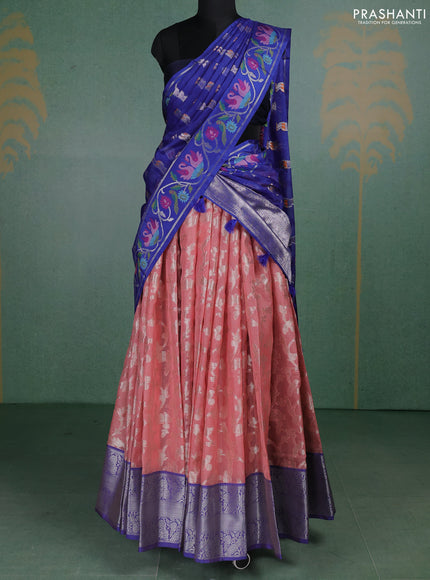Cotton zari kota unstitched lehenga peach pink and blue with allover silver zari weaves and silver zari woven border
