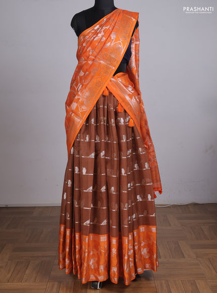 Cotton zari kota unstitched lehenga brown and orange with silver zari woven buttas and long rich zari woven border