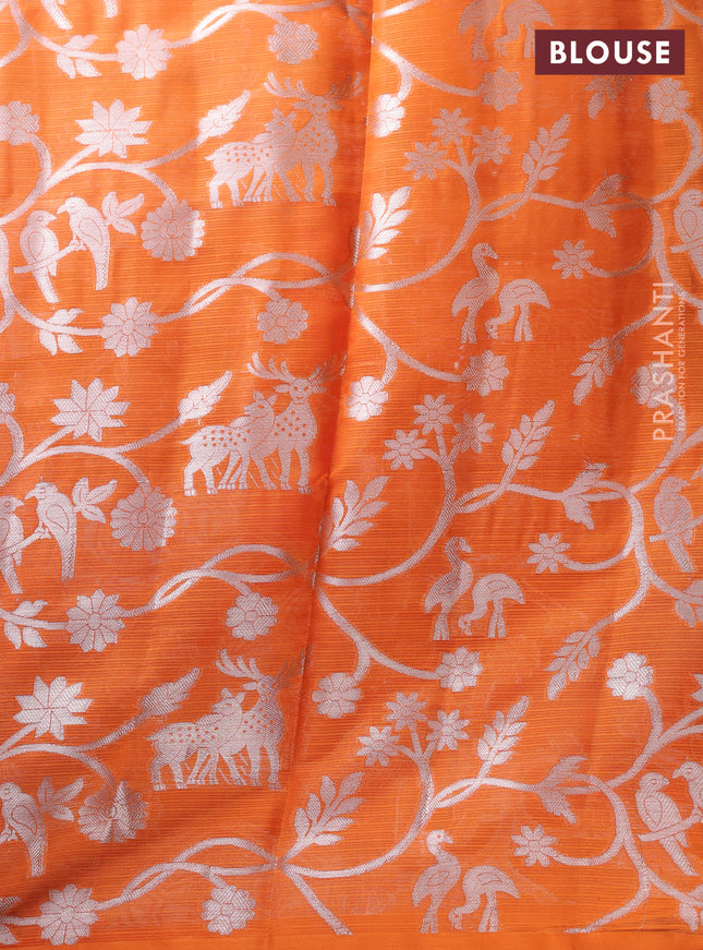 Cotton zari kota unstitched lehenga brown and orange with silver zari woven buttas and long rich zari woven border