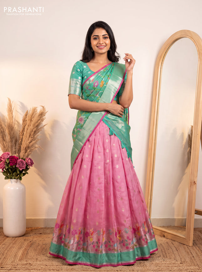 Cotton zari kota unstitched lehenga light pink and teal green with allover jamdhani weaving and rettapet zari woven border