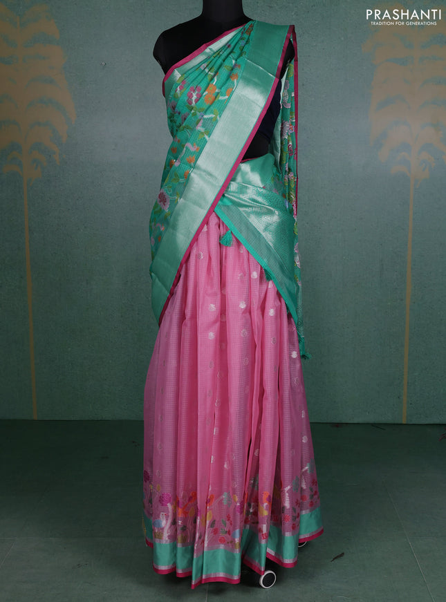 Cotton zari kota unstitched lehenga light pink and teal green with allover jamdhani weaving and rettapet zari woven border