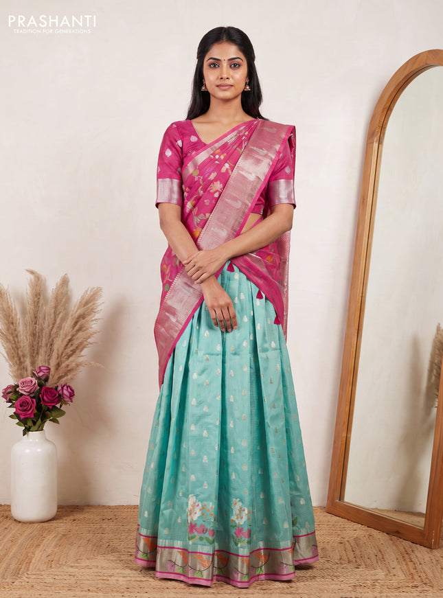 Cotton zari kota unstitched lehenga teal green and pink with allover jamdhani weaving and jamdhani zari woven border
