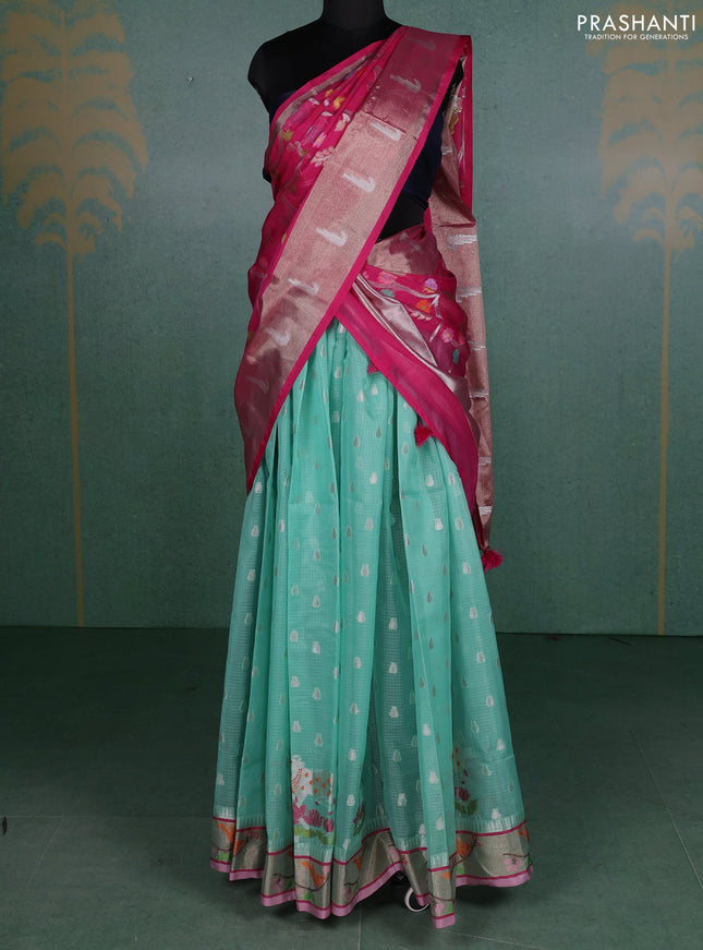Cotton zari kota unstitched lehenga teal green and pink with allover jamdhani weaving and jamdhani zari woven border