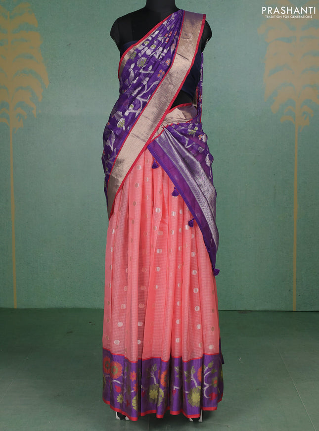 Cotton zari kota unstitched lehenga peach shade and violet with silver zari woven buttas and rich zari woven border