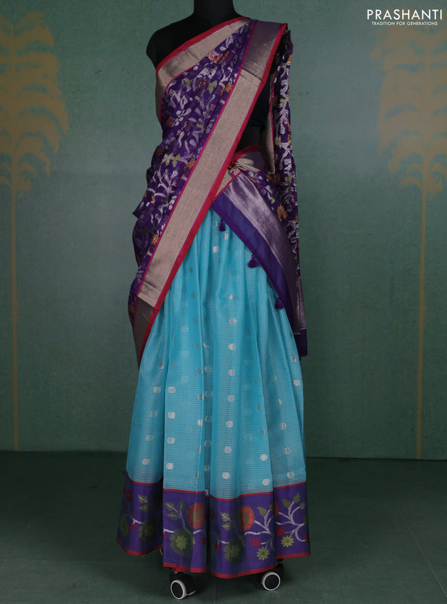 Cotton zari kota unstitched lehenga light blue and violet with silver zari woven buttas and rich zari woven border