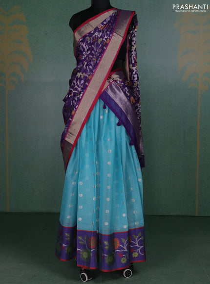 Cotton zari kota unstitched lehenga light blue and violet with silver zari woven buttas and rich zari woven border