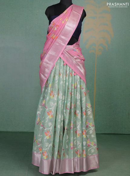 Cotton zari kota unstitched lehenga teal shade and light pink with allover silver zari weaves and silver zari woven border