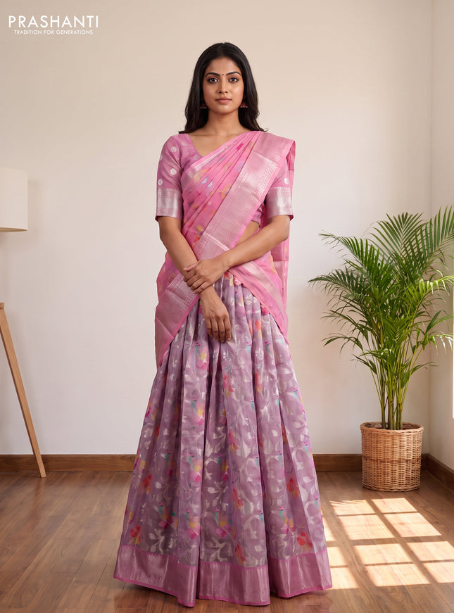 Cotton zari kota unstitched lehenga mild lavender and light pink with allover silver zari weaves and silver zari woven border