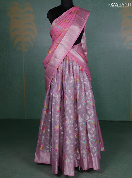 Cotton zari kota unstitched lehenga mild lavender and light pink with allover silver zari weaves and silver zari woven border