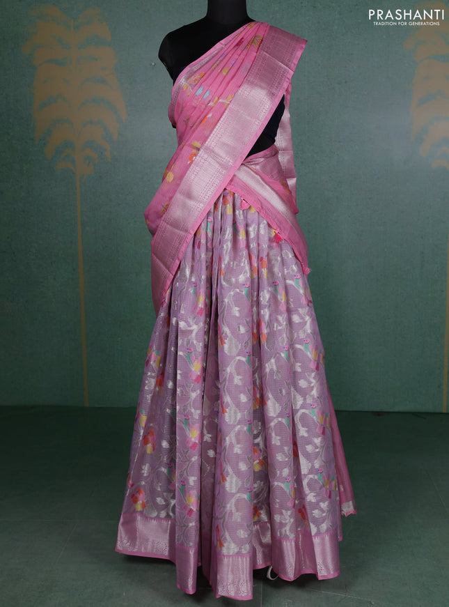 Cotton zari kota unstitched lehenga mild lavender and light pink with allover silver zari weaves and silver zari woven border