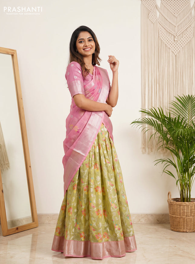 Cotton zari kota unstitched lehenga pista green and light pink with allover silver zari weaves and silver zari woven border