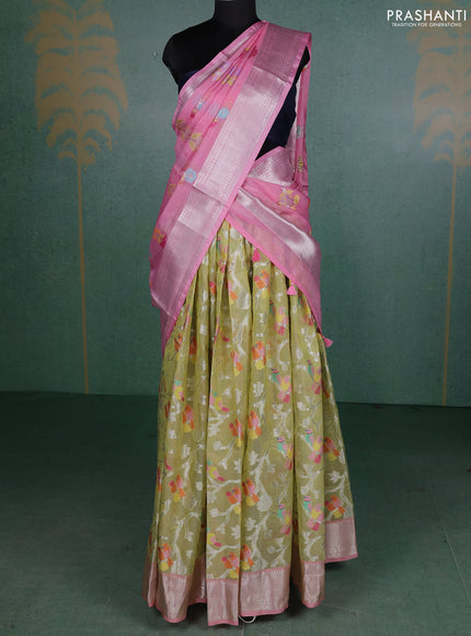 Cotton zari kota unstitched lehenga pista green and light pink with allover silver zari weaves and silver zari woven border