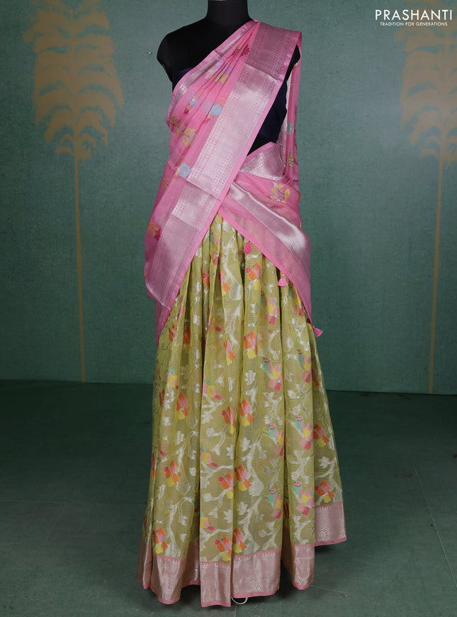 Cotton zari kota unstitched lehenga pista green and light pink with allover silver zari weaves and silver zari woven border