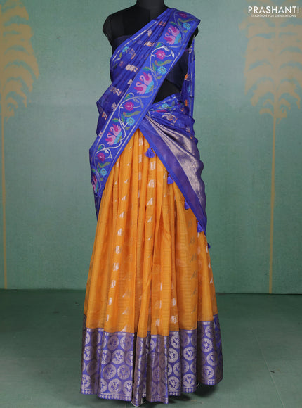 Cotton zari kota unstitched lehenga mustard yellow and blue with silver zari woven buttas and long rich zari woven border
