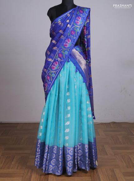 Cotton zari kota unstitched lehenga teal blue and blue with silver zari woven buttas and long rich zari woven border