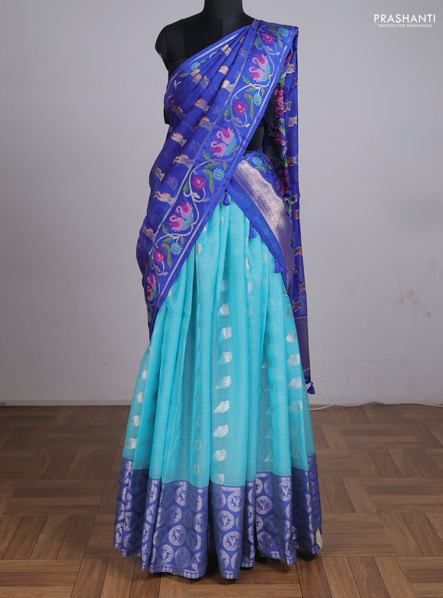 Cotton zari kota unstitched lehenga teal blue and blue with silver zari woven buttas and long rich zari woven border