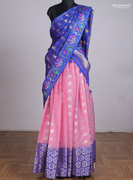 Cotton zari kota unstitched lehenga light pink and blue with silver zari woven buttas and long rich zari woven border