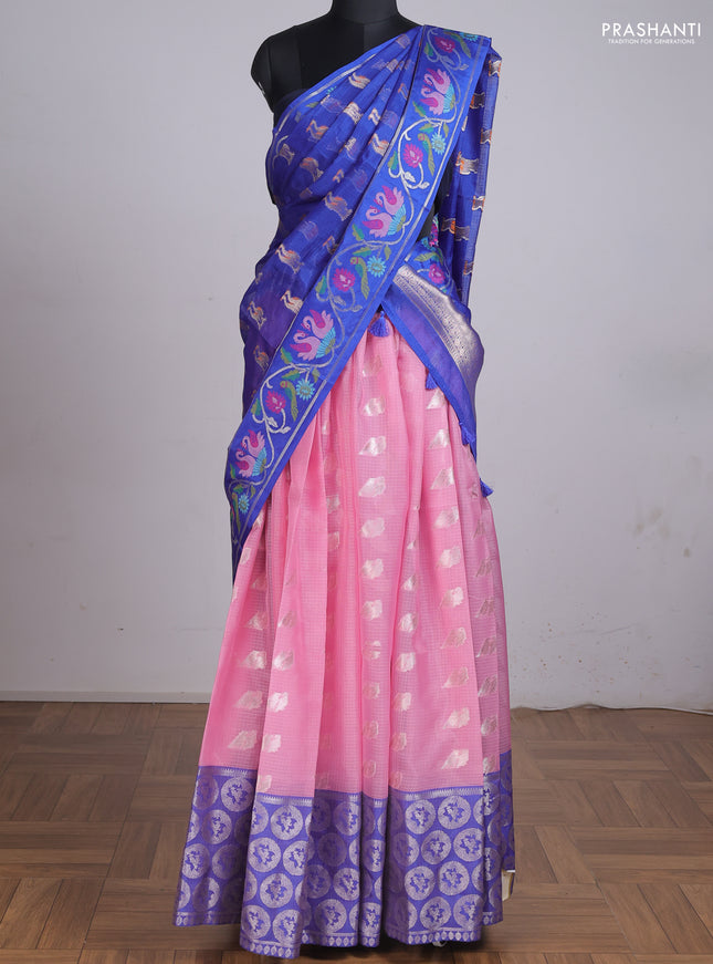 Cotton zari kota unstitched lehenga light pink and blue with silver zari woven buttas and long rich zari woven border
