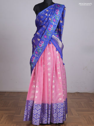 Cotton zari kota unstitched lehenga light pink and blue with silver zari woven buttas and long rich zari woven border