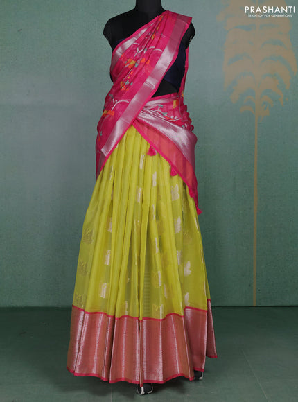 Cotton zari kota unstitched lehenga lime green and pink with silver zari woven buttas and long rich zari woven border