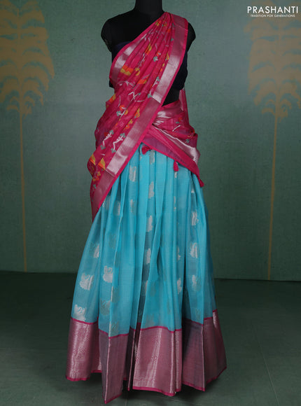 Cotton zari kota unstitched lehenga teal blue and pink with silver zari woven buttas and long rich zari woven border