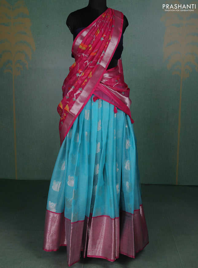 Cotton zari kota unstitched lehenga teal blue and pink with silver zari woven buttas and long rich zari woven border