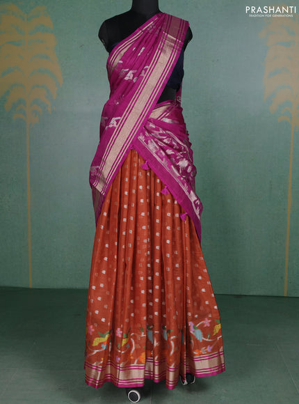 Cotton zari kota unstitched lehenga rust shade and purple with allover zari woven buttas and long rich zari woven border
