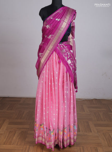 Cotton zari kota unstitched lehenga light pink and purple with silver zari woven buttas and long rich zari woven border