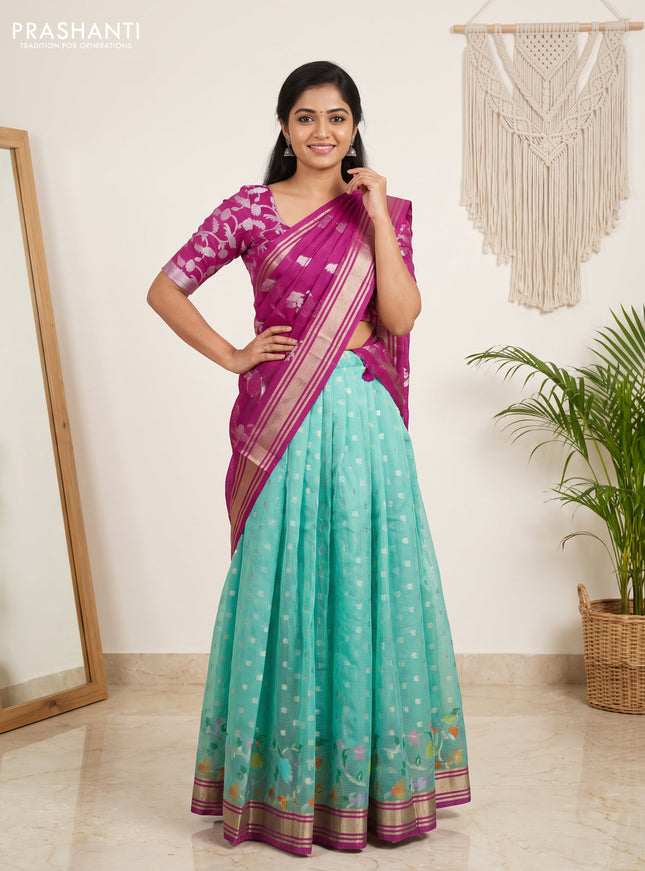 Cotton zari kota unstitched lehenga teal green and purple with allover zari woven buttas and long rich zari woven border