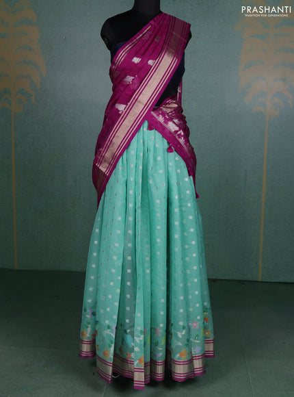 Cotton zari kota unstitched lehenga teal green and purple with allover zari woven buttas and long rich zari woven border