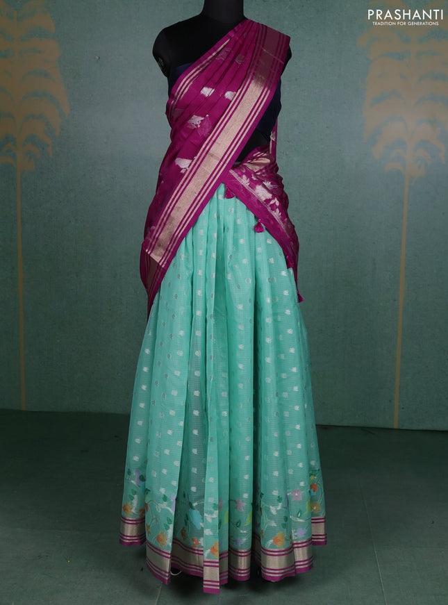 Cotton zari kota unstitched lehenga teal green and purple with allover zari woven buttas and long rich zari woven border