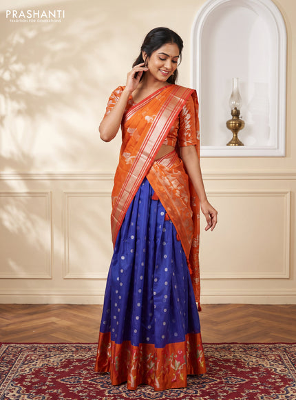 Cotton zari kota unstitched lehenga blue and rust shade with silver zari woven buttas and silver zari woven border