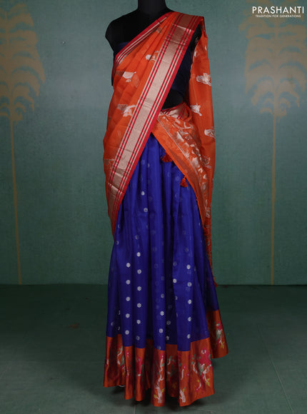Cotton zari kota unstitched lehenga blue and rust shade with silver zari woven buttas and silver zari woven border