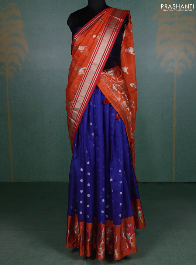 Cotton zari kota unstitched lehenga blue and rust shade with silver zari woven buttas and silver zari woven border