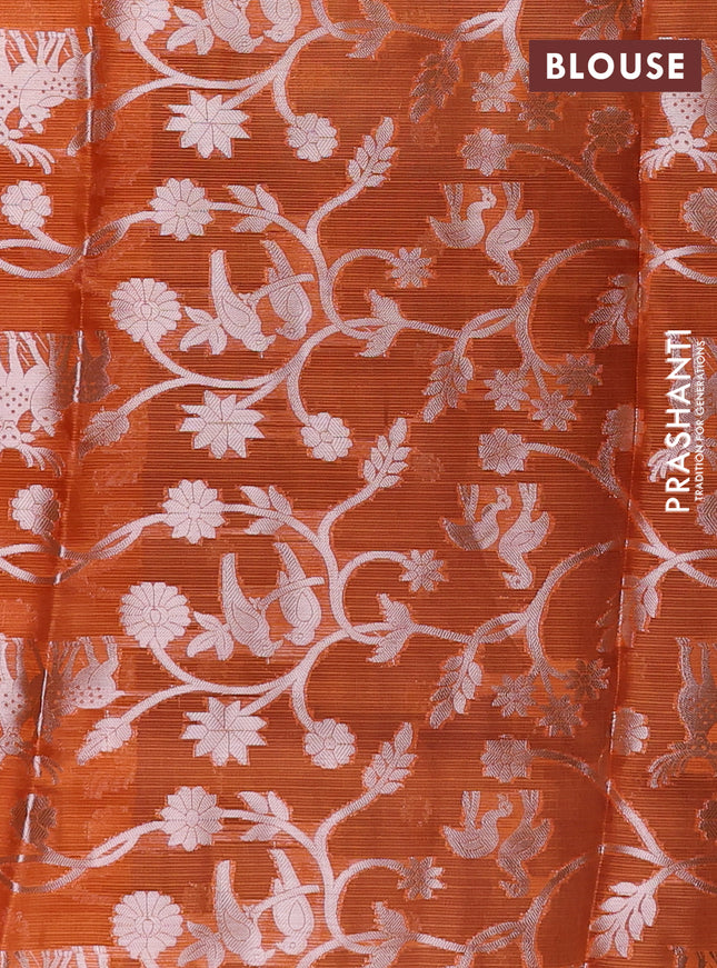 Cotton zari kota unstitched lehenga blue and rust shade with silver zari woven buttas and silver zari woven border