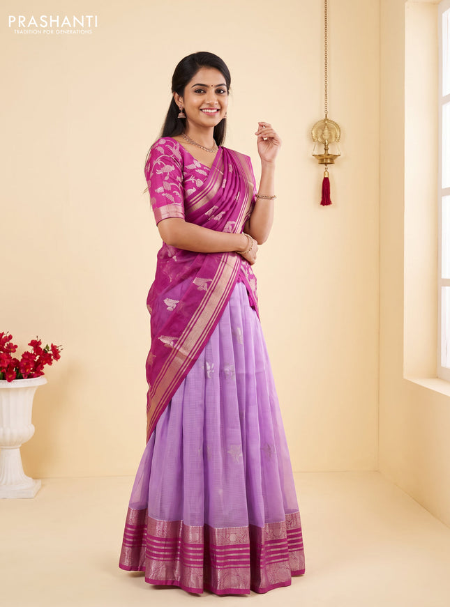 Cotton zari kota unstitched lehenga lavender and purple with silver zari woven buttas and silver zari woven border