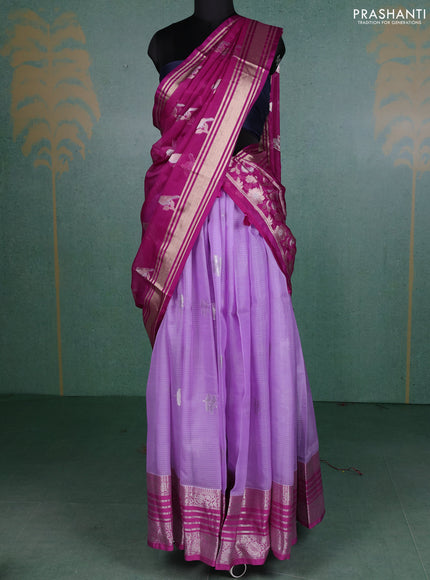 Cotton zari kota unstitched lehenga lavender and purple with silver zari woven buttas and silver zari woven border